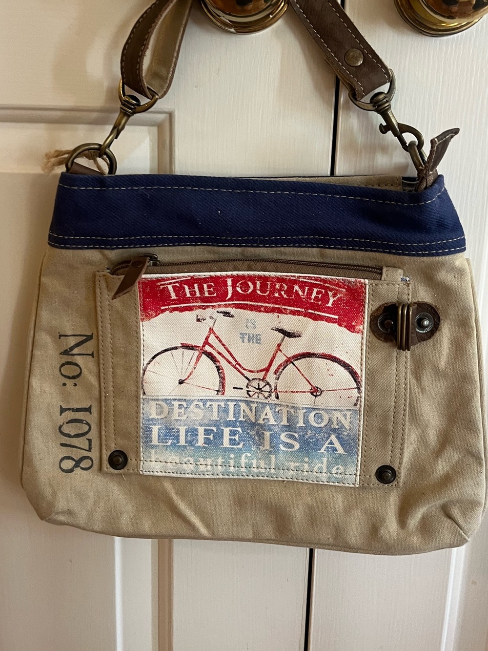 Canvas Crossbody Bag with Bicycle Print in Beige and Navy